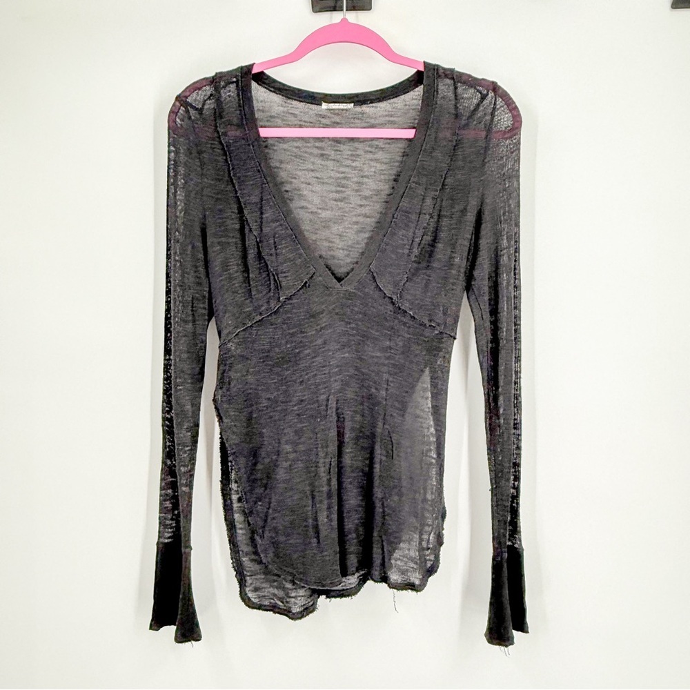Free People Black Asymmetrical Fitted Long Sleeve Blouse